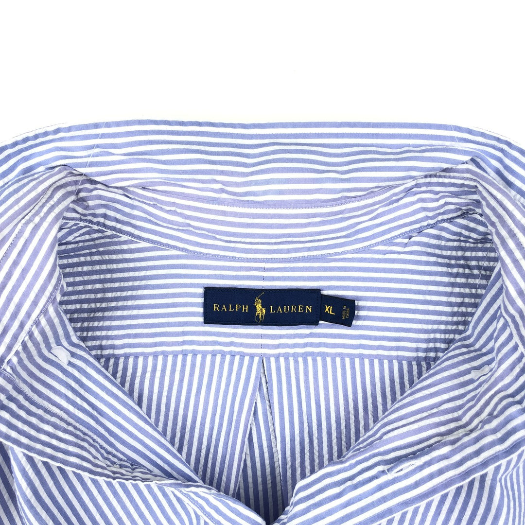 Ralph Lauren Seersucker Short Sleeve Button-Down Striped Shirt Men's XL cotton navy blue type Vintage Second Hand