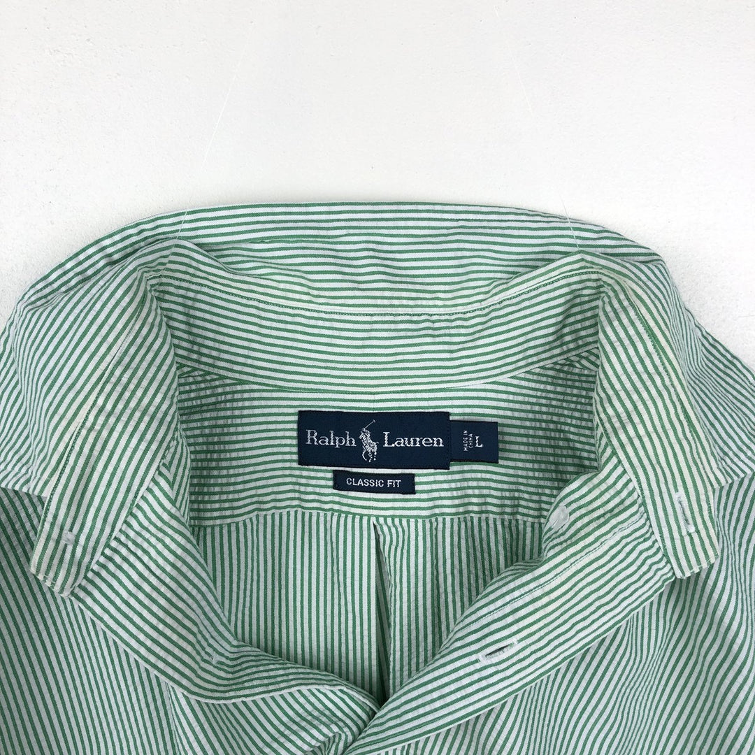 Ralph Lauren CLASSIC FIT Classic Fit Seersucker Short Sleeve Button Down Striped Shirt Men's L cotton green type Vintage Second Hand