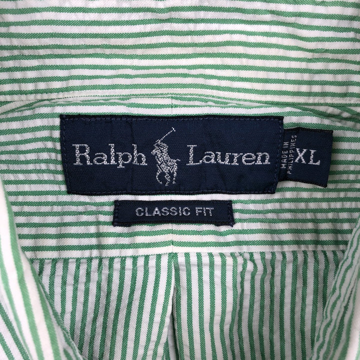 Ralph Lauren CLASSIC FIT Classic Fit Seersucker Short Sleeve Button Down Striped Shirt Men's XL cotton green type Vintage Second Hand