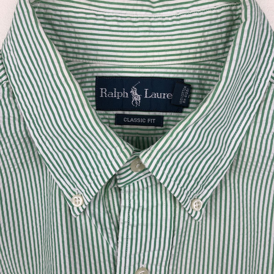 Ralph Lauren CLASSIC FIT Classic Fit Seersucker Short Sleeve Button Down Striped Shirt Men's XL cotton green type Vintage Second Hand