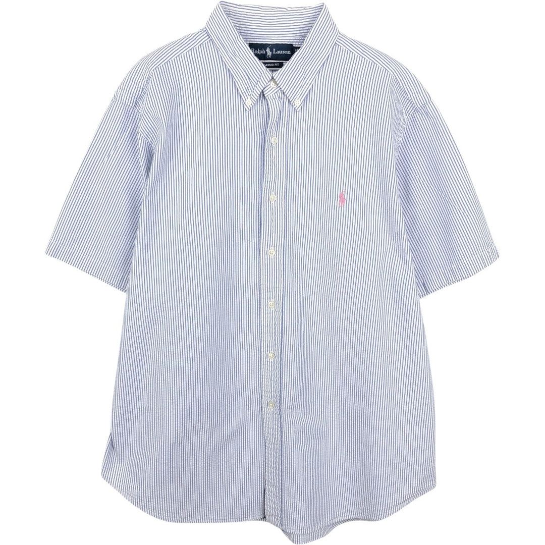 Ralph Lauren CLASSIC FIT Classic Fit Seersucker Short Sleeve Button Down Striped Shirt Men's XL cotton blue type Vintage Second Hand