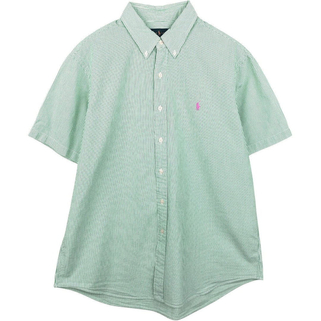 Ralph Lauren Seersucker Short Sleeve Button-Down Striped Shirt Men's XL cotton Green type dark green Vintage Second Hand