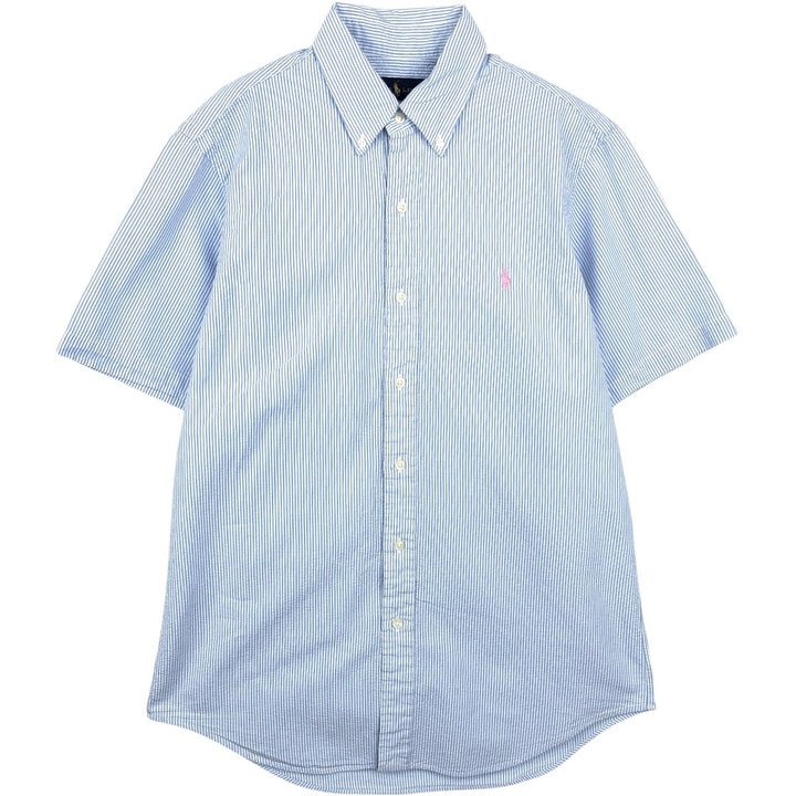 Ralph Lauren Seersucker Short Sleeve Button Down Striped Shirt Men's M Size cotton Blue type light blue Vintage Second Hand