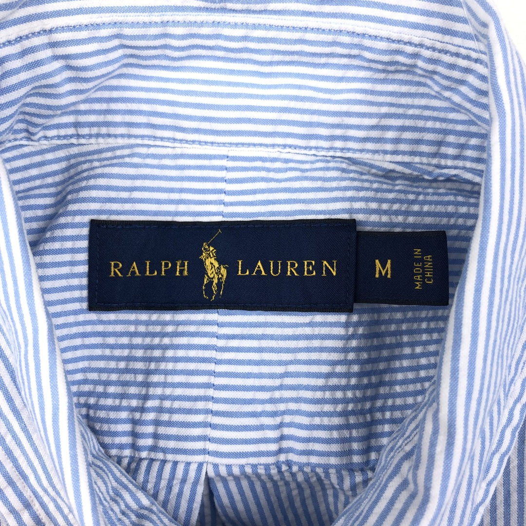 Ralph Lauren Seersucker Short Sleeve Button Down Striped Shirt Men's M Size cotton Blue type light blue Vintage Second Hand