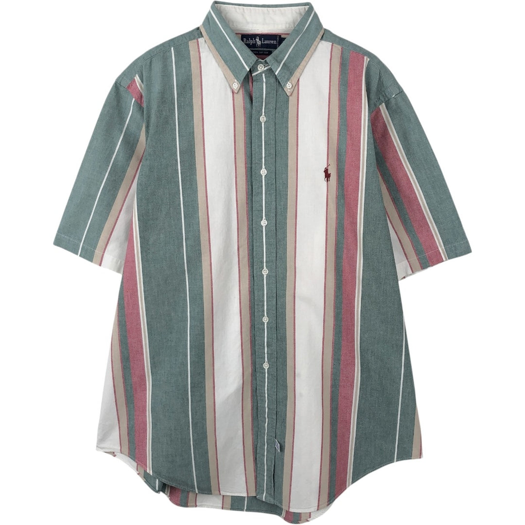 Ralph Lauren multi-stripe short-sleeved button-down shirt, men's size XL (approx.) cotton green type Vintage Second Hand