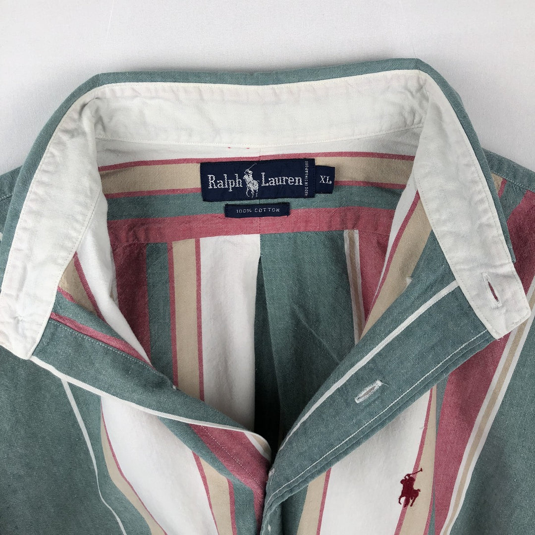 Ralph Lauren multi-stripe short-sleeved button-down shirt, men's size XL (approx.) cotton green type Vintage Second Hand