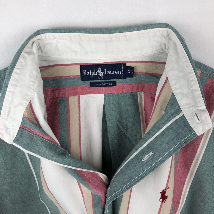 Ralph Lauren multi-stripe short-sleeved button-down shirt, men's size XL (approx.) cotton green type Vintage Second Hand
