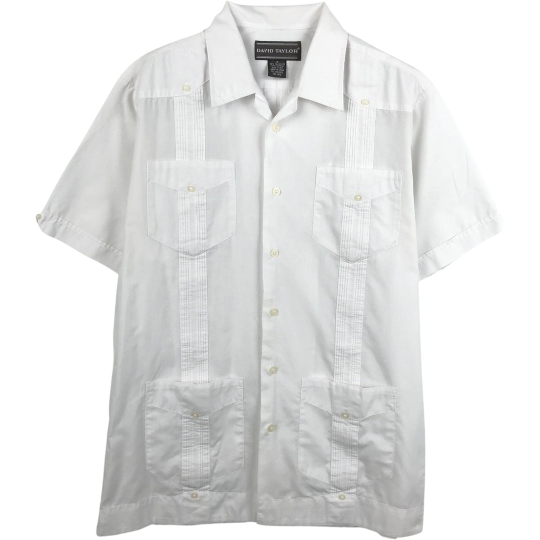 90'S DAVID TAYLOR Short-Sleeve Open-Collar Mexican Shirt / Cuban Shirt / Boxy Shirt (Men's Size S) polyester white type Vintage Second Hand