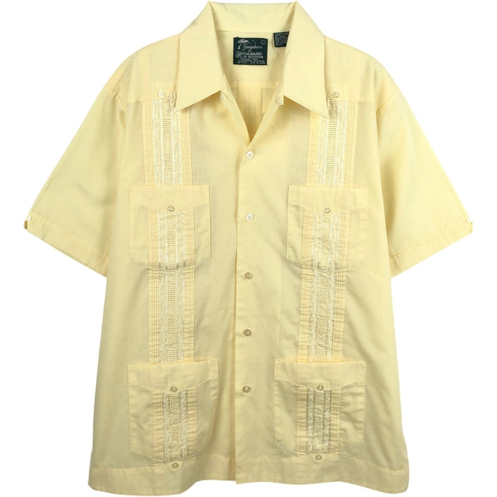 HABAND GUAYABERA Short-Sleeve Open Collar Mexican Shirt Cuban Shirt Box Shirt Men's Size L polyester lemon yellow Vintage Second Hand