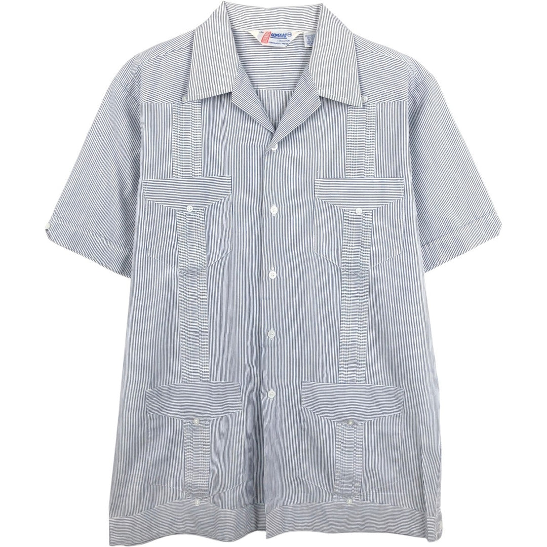 ~90'S ROMANI Stripe Pattern Short-Sleeve Open Collar Mexican Shirt Cuban Shirt Box Shirt Men's Size M polyester blue type Vintage Second Hand
