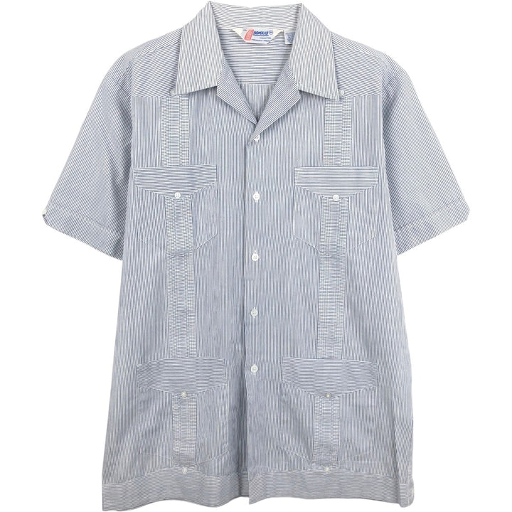 ~90'S ROMANI Stripe Pattern Short-Sleeve Open Collar Mexican Shirt Cuban Shirt Box Shirt Men's Size M polyester blue type Vintage Second Hand