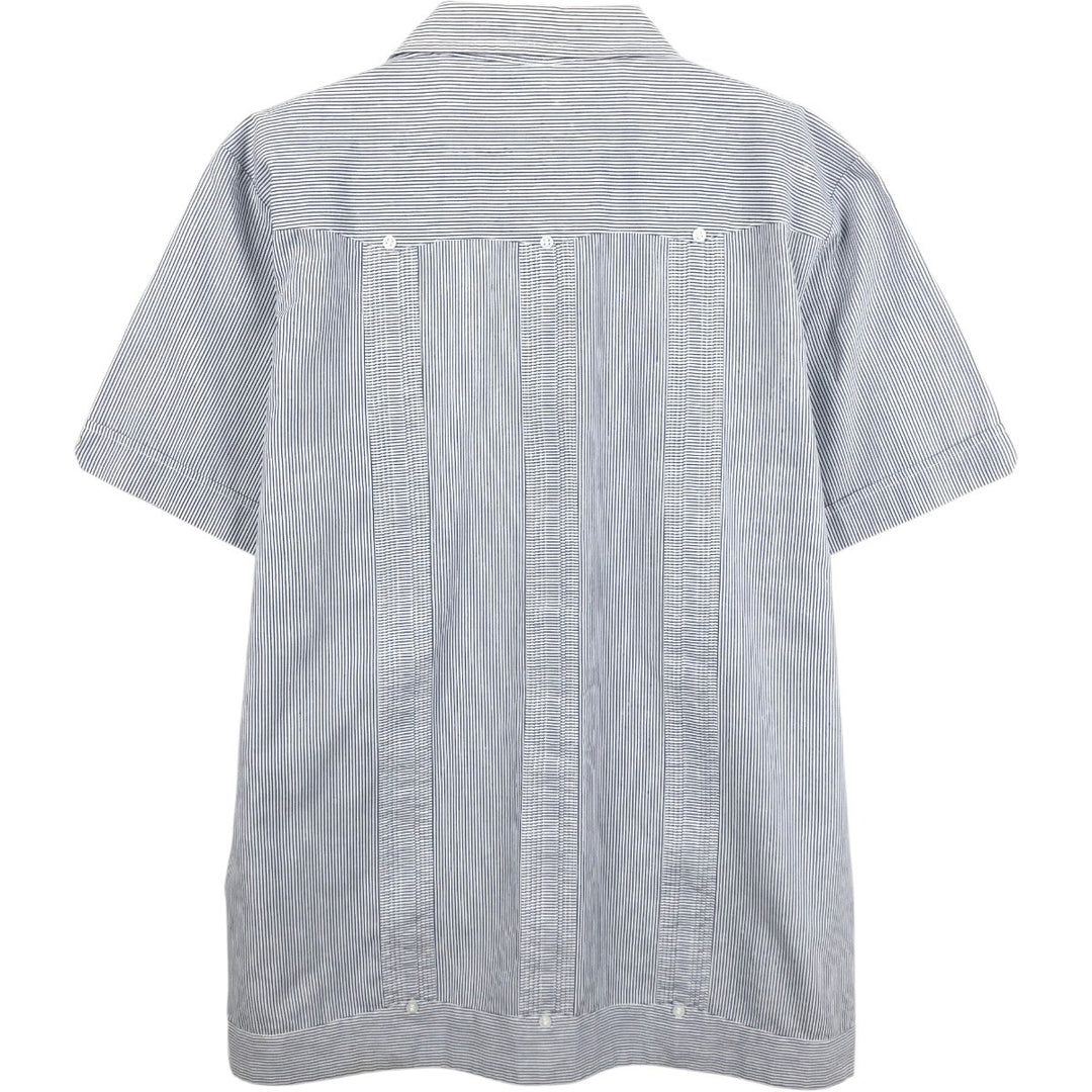 ~90'S ROMANI Stripe Pattern Short-Sleeve Open Collar Mexican Shirt Cuban Shirt Box Shirt Men's Size M polyester blue type Vintage Second Hand