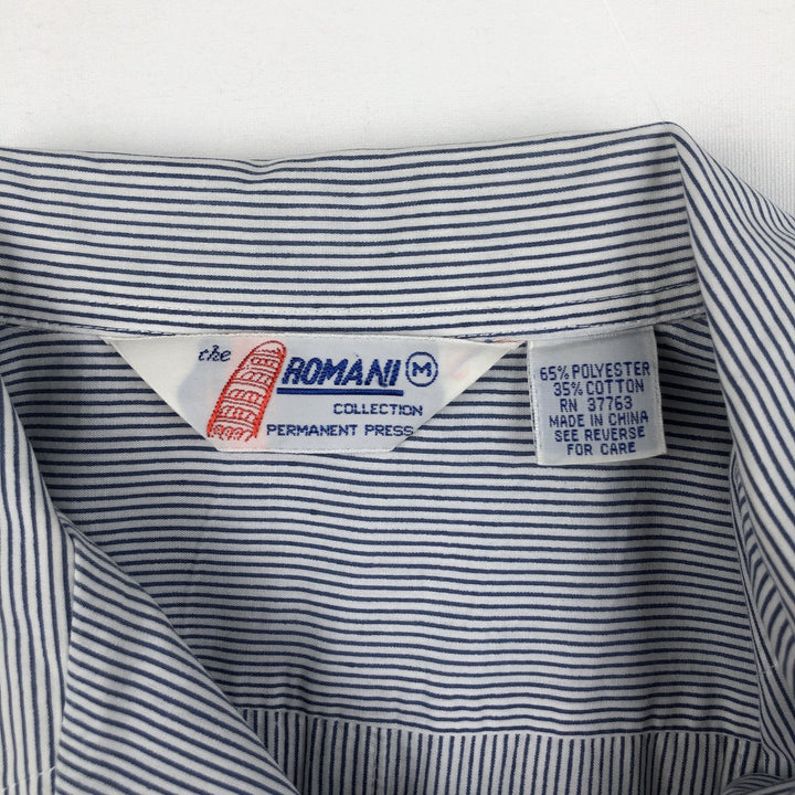 ~90'S ROMANI Stripe Pattern Short-Sleeve Open Collar Mexican Shirt Cuban Shirt Box Shirt Men's Size M polyester blue type Vintage Second Hand