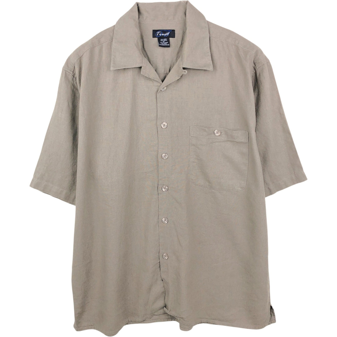 TRUST Short Sleeve Open Collar Rayon and Linen Box Shirt, Men's XL linen Khaki type Vintage Second Hand