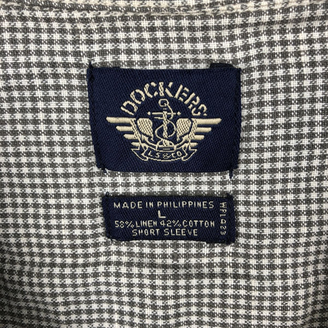 Dockers Check Pattern Short-Sleeve Open Collar Cotton x Linen Shirt, Boxy Fit, Men's Size L (approx.) linen Khaki type Vintage Second Hand