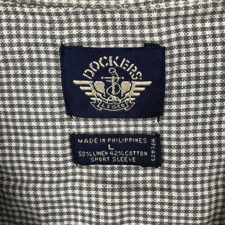 Dockers Check Pattern Short-Sleeve Open Collar Cotton x Linen Shirt, Boxy Fit, Men's Size L (approx.) linen Khaki type Vintage Second Hand