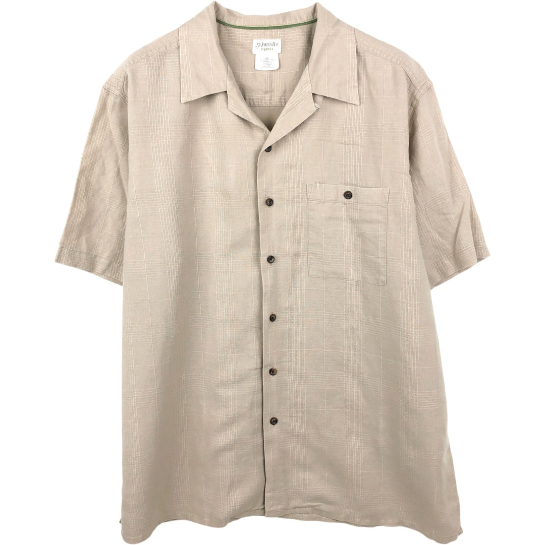 St. John's Bay Check Pattern Short-Sleeve Open Collar Organic Cotton x Linen Box Shirt (Men's Size L) linen beige type brown Vintage Second Hand