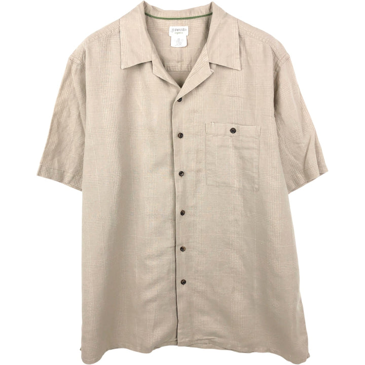 St. John's Bay Check Pattern Short-Sleeve Open Collar Organic Cotton x Linen Box Shirt (Men's Size L) linen beige type brown Vintage Second Hand