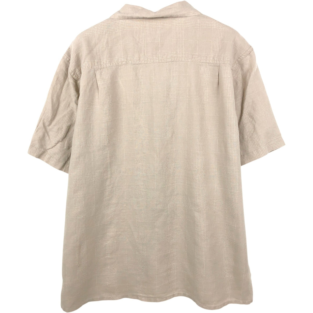 St. John's Bay Check Pattern Short-Sleeve Open Collar Organic Cotton x Linen Box Shirt (Men's Size L) linen beige type brown Vintage Second Hand