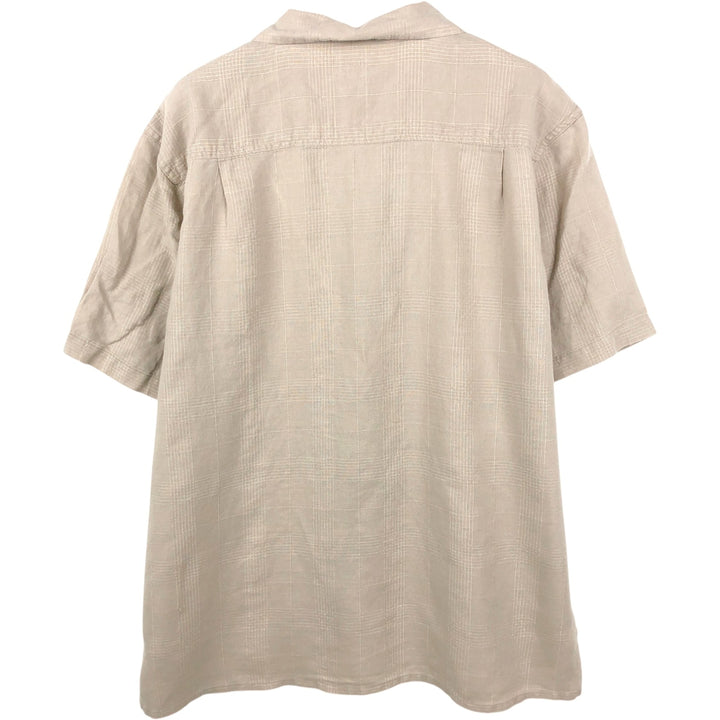 St. John's Bay Check Pattern Short-Sleeve Open Collar Organic Cotton x Linen Box Shirt (Men's Size L) linen beige type brown Vintage Second Hand