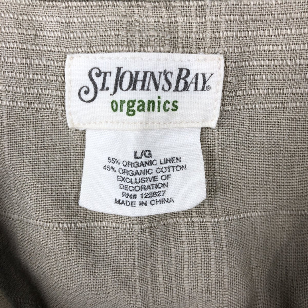 St. John's Bay Check Pattern Short-Sleeve Open Collar Organic Cotton x Linen Box Shirt (Men's Size L) linen beige type brown Vintage Second Hand
