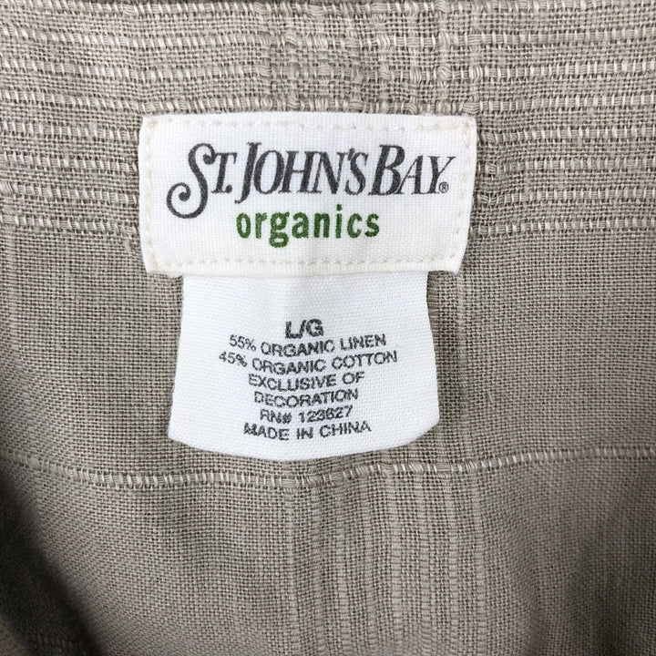 St. John's Bay Check Pattern Short-Sleeve Open Collar Organic Cotton x Linen Box Shirt (Men's Size L) linen beige type brown Vintage Second Hand