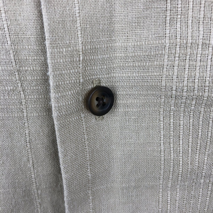 St. John's Bay Check Pattern Short-Sleeve Open Collar Organic Cotton x Linen Box Shirt (Men's Size L) linen beige type brown Vintage Second Hand