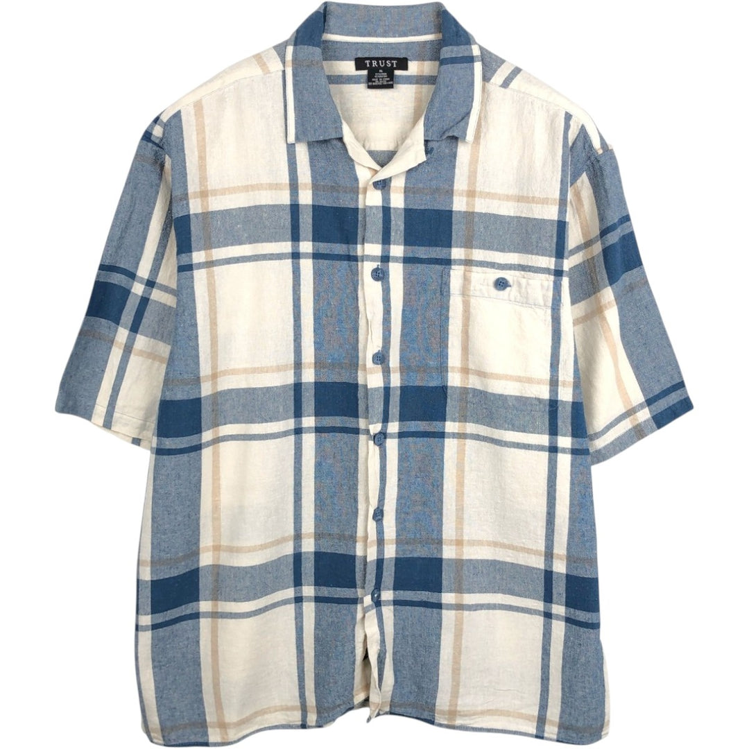 TRUST Check Pattern Short-Sleeve Open Collar Linen x Rayon Box Shirt (Men's XL equivalent) linen blue type Vintage Second Hand