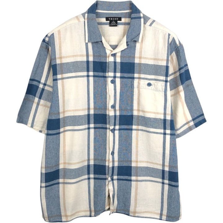 TRUST Check Pattern Short-Sleeve Open Collar Linen x Rayon Box Shirt (Men's XL equivalent) linen blue type Vintage Second Hand