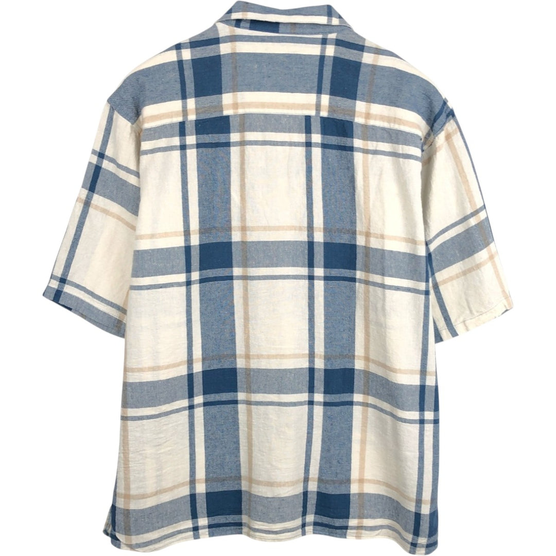TRUST Check Pattern Short-Sleeve Open Collar Linen x Rayon Box Shirt (Men's XL equivalent) linen blue type Vintage Second Hand