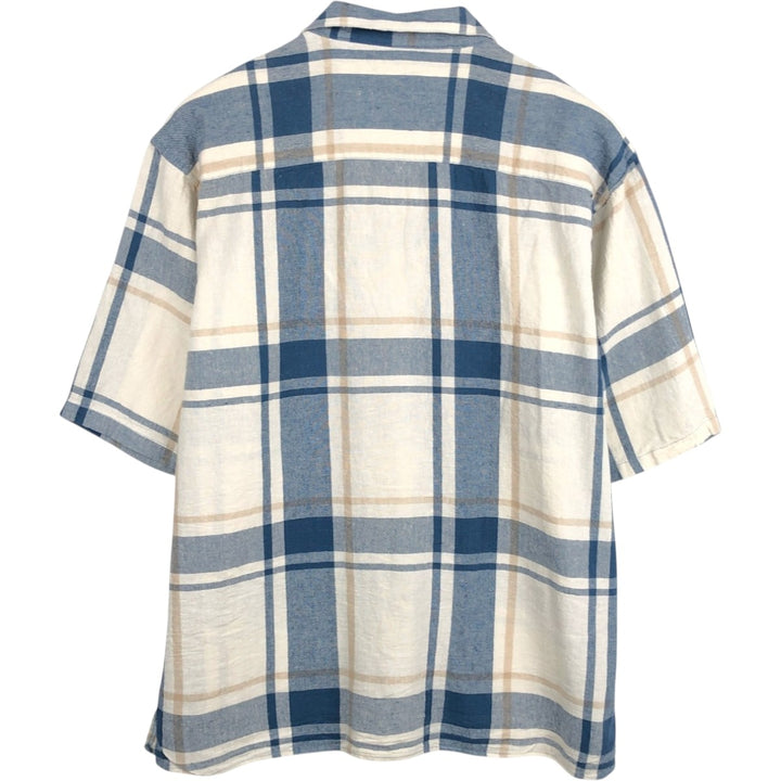 TRUST Check Pattern Short-Sleeve Open Collar Linen x Rayon Box Shirt (Men's XL equivalent) linen blue type Vintage Second Hand