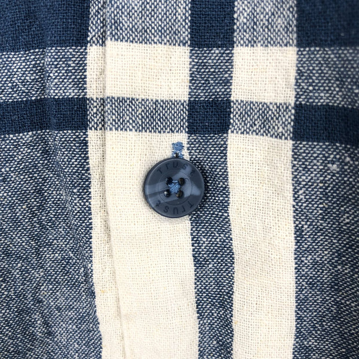 TRUST Check Pattern Short-Sleeve Open Collar Linen x Rayon Box Shirt (Men's XL equivalent) linen blue type Vintage Second Hand