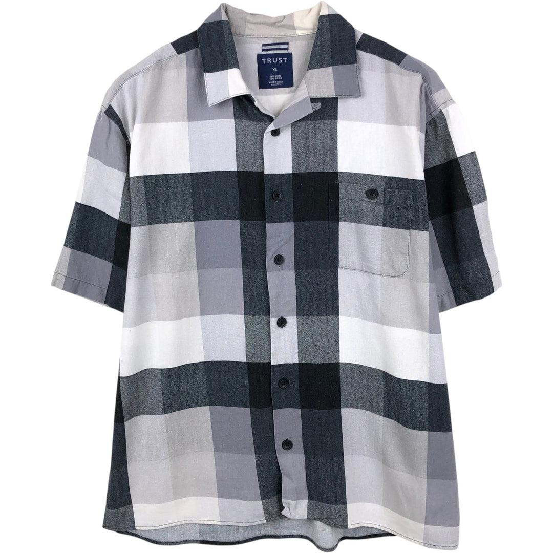 TRUST Check Pattern Short Sleeve Open Collar Rayon x Linen Shirt Box Shirt Men's XL Size linen gray type Vintage Second Hand
