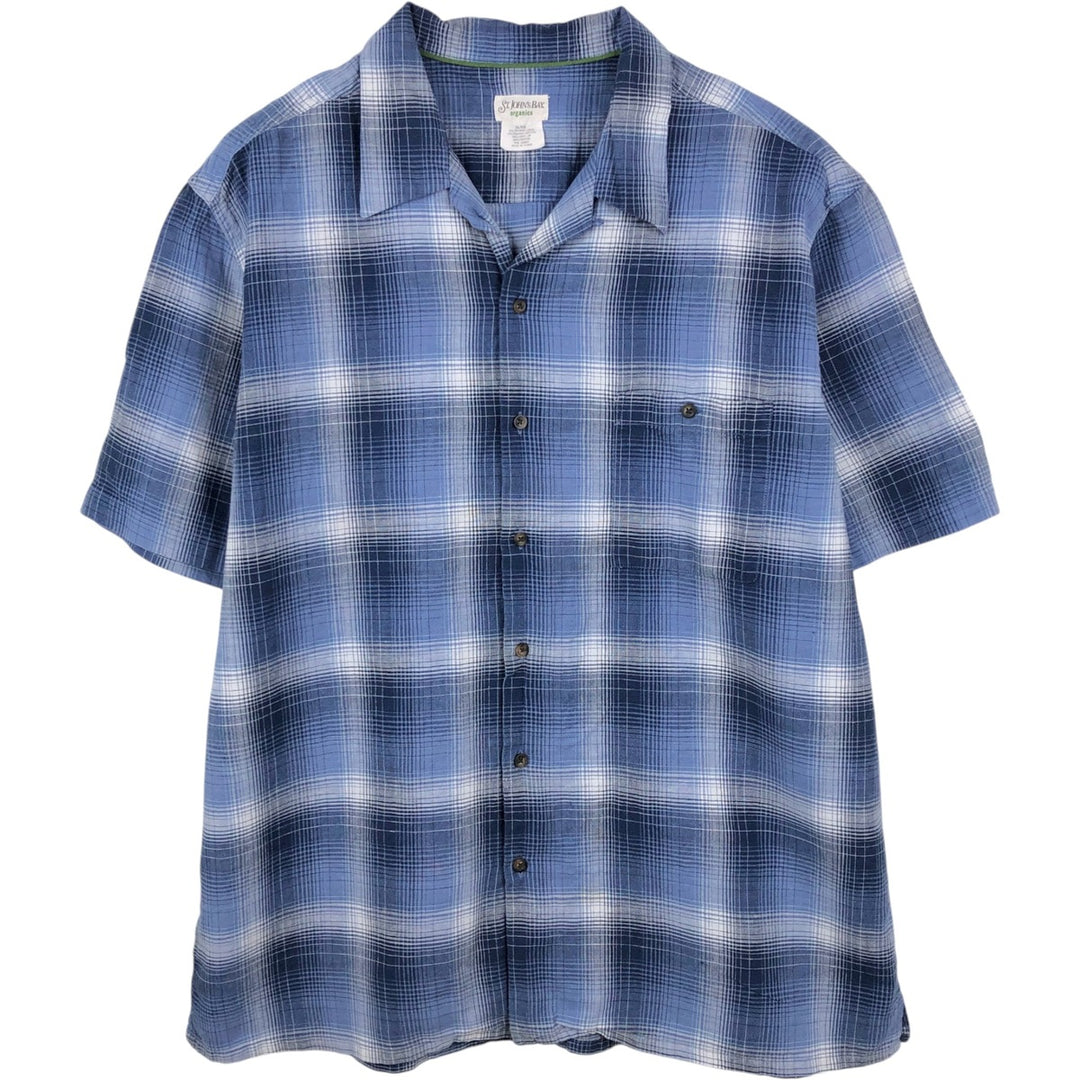 St. John's Bay Check Pattern Short-Sleeve Open Collar Organic Cotton x Linen Box Shirt (Men's XL equivalent) linen blue type Vintage Second Hand