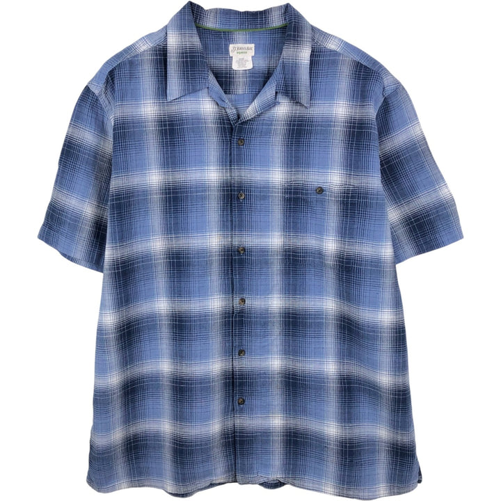 St. John's Bay Check Pattern Short-Sleeve Open Collar Organic Cotton x Linen Box Shirt (Men's XL equivalent) linen blue type Vintage Second Hand