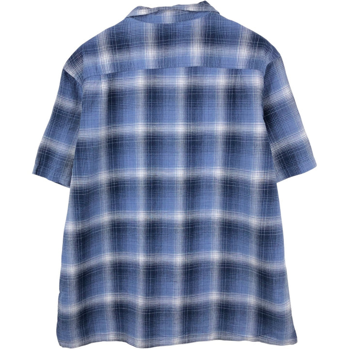St. John's Bay Check Pattern Short-Sleeve Open Collar Organic Cotton x Linen Box Shirt (Men's XL equivalent) linen blue type Vintage Second Hand