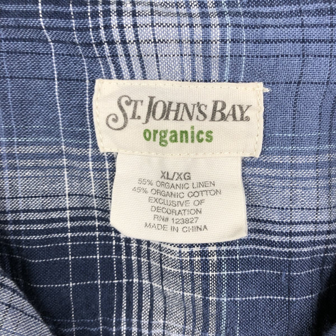 St. John's Bay Check Pattern Short-Sleeve Open Collar Organic Cotton x Linen Box Shirt (Men's XL equivalent) linen blue type Vintage Second Hand