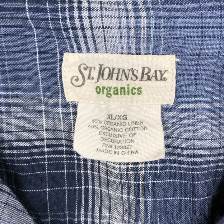 St. John's Bay Check Pattern Short-Sleeve Open Collar Organic Cotton x Linen Box Shirt (Men's XL equivalent) linen blue type Vintage Second Hand