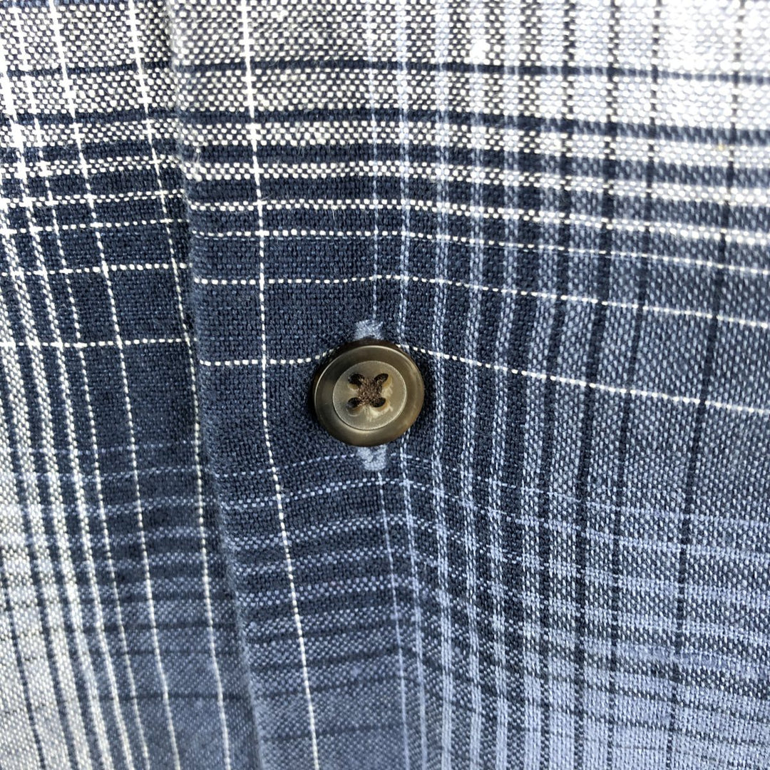 St. John's Bay Check Pattern Short-Sleeve Open Collar Organic Cotton x Linen Box Shirt (Men's XL equivalent) linen blue type Vintage Second Hand