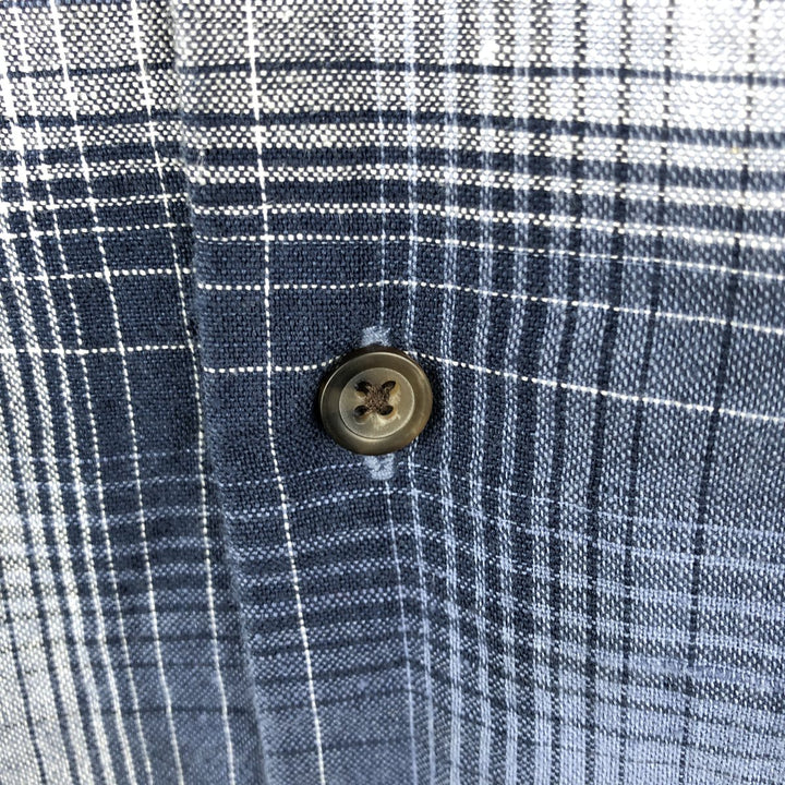 St. John's Bay Check Pattern Short-Sleeve Open Collar Organic Cotton x Linen Box Shirt (Men's XL equivalent) linen blue type Vintage Second Hand