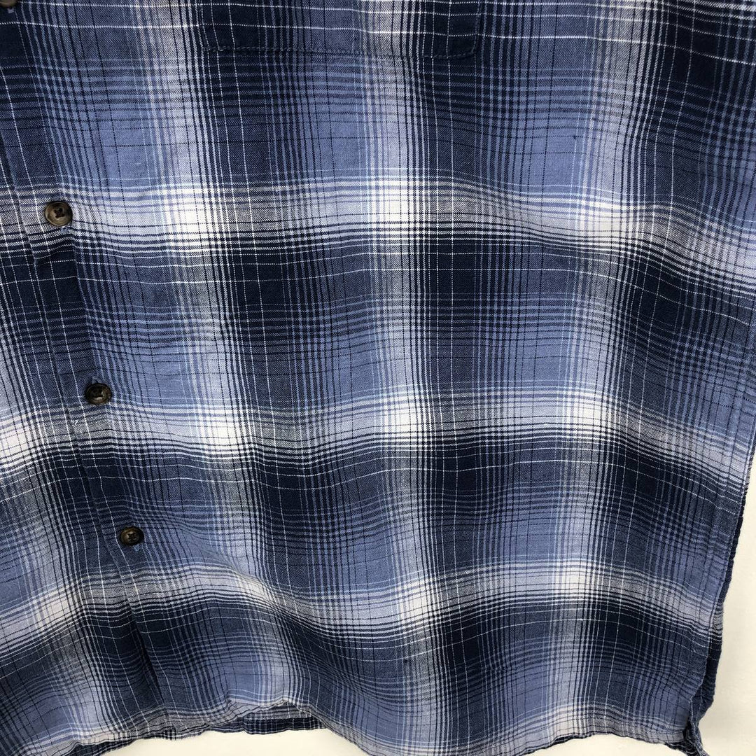 St. John's Bay Check Pattern Short-Sleeve Open Collar Organic Cotton x Linen Box Shirt (Men's XL equivalent) linen blue type Vintage Second Hand
