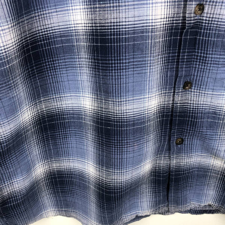 St. John's Bay Check Pattern Short-Sleeve Open Collar Organic Cotton x Linen Box Shirt (Men's XL equivalent) linen blue type Vintage Second Hand
