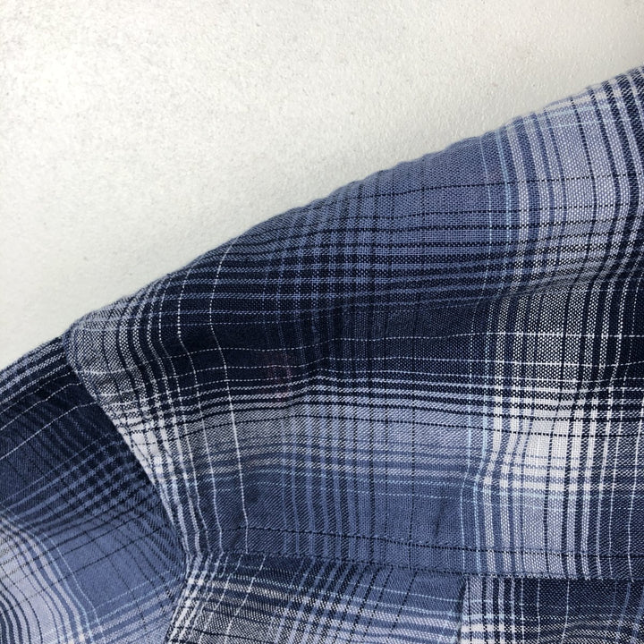 St. John's Bay Check Pattern Short-Sleeve Open Collar Organic Cotton x Linen Box Shirt (Men's XL equivalent) linen blue type Vintage Second Hand