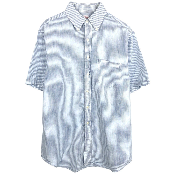 Brooks Brothers 346 Stripe Pattern Short-Sleeve Linen Button-Down Shirt, Men's Size M (approx.) linen Blue type light blue Vintage Second Hand