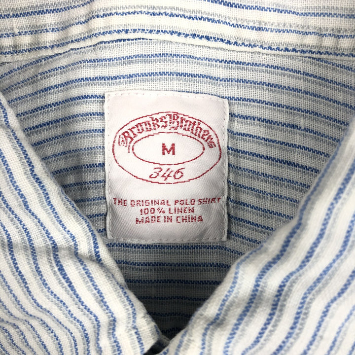 Brooks Brothers 346 Stripe Pattern Short-Sleeve Linen Button-Down Shirt, Men's Size M (approx.) linen Blue type light blue Vintage Second Hand