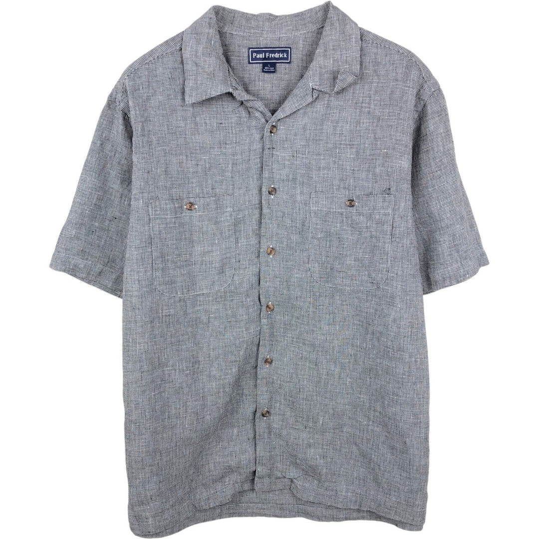 Paul Fredrick Houndstooth Pattern Short-Sleeve Open-Collar Linen Shirt, Boxy Fit, Men's Size L (approx.) linen black type Vintage Second Hand