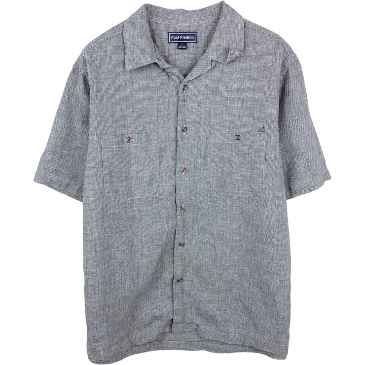 Paul Fredrick Houndstooth Pattern Short-Sleeve Open-Collar Linen Shirt, Boxy Fit, Men's Size L (approx.) linen black type Vintage Second Hand