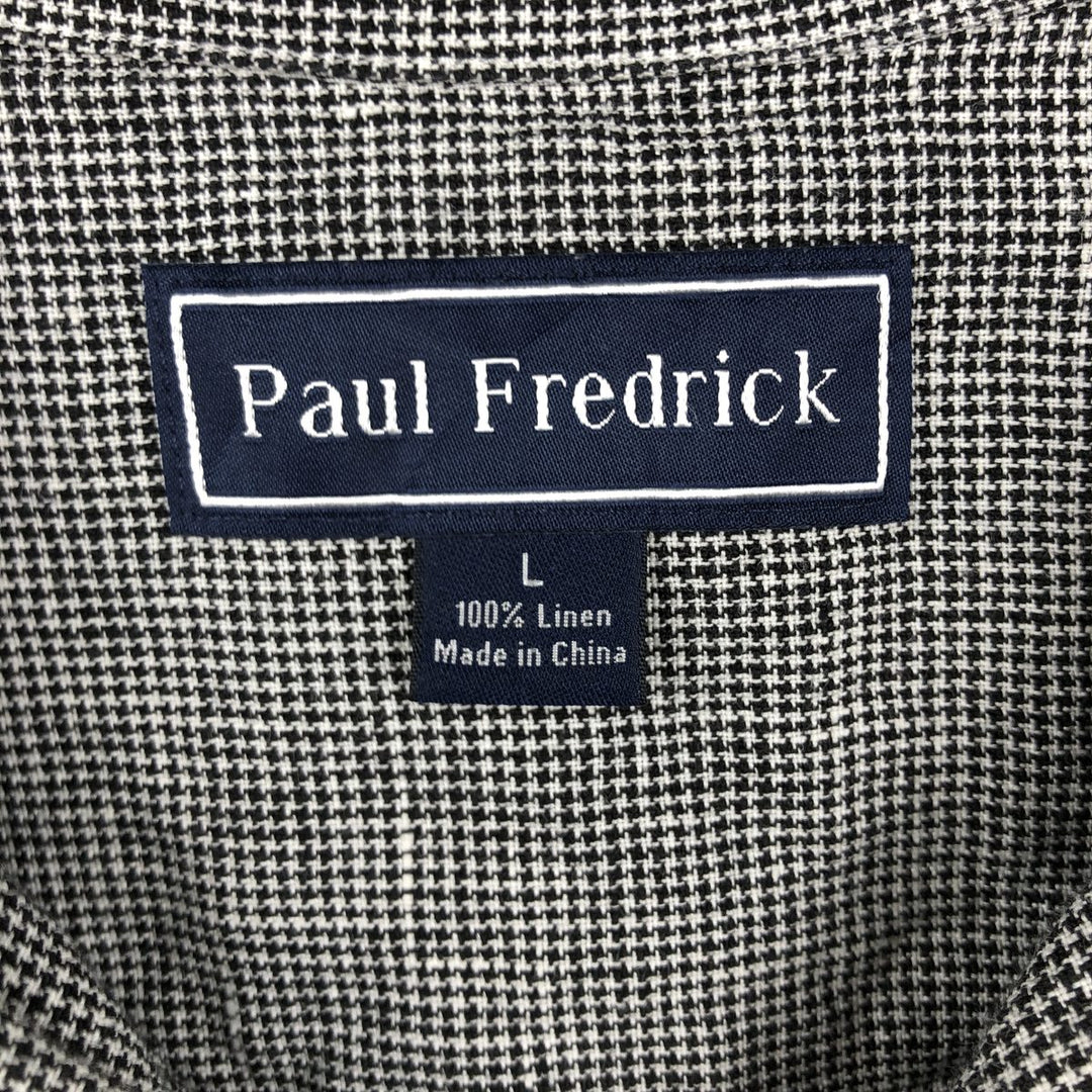 Paul Fredrick Houndstooth Pattern Short-Sleeve Open-Collar Linen Shirt, Boxy Fit, Men's Size L (approx.) linen black type Vintage Second Hand
