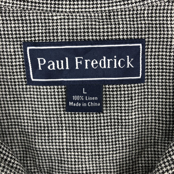 Paul Fredrick Houndstooth Pattern Short-Sleeve Open-Collar Linen Shirt, Boxy Fit, Men's Size L (approx.) linen black type Vintage Second Hand