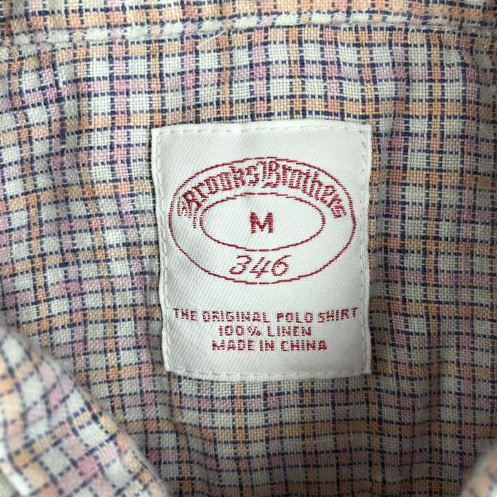 Brooks Brothers 346 Check Pattern Short-Sleeve Linen Shirt (Men's Size M) linen pink type Vintage Second Hand